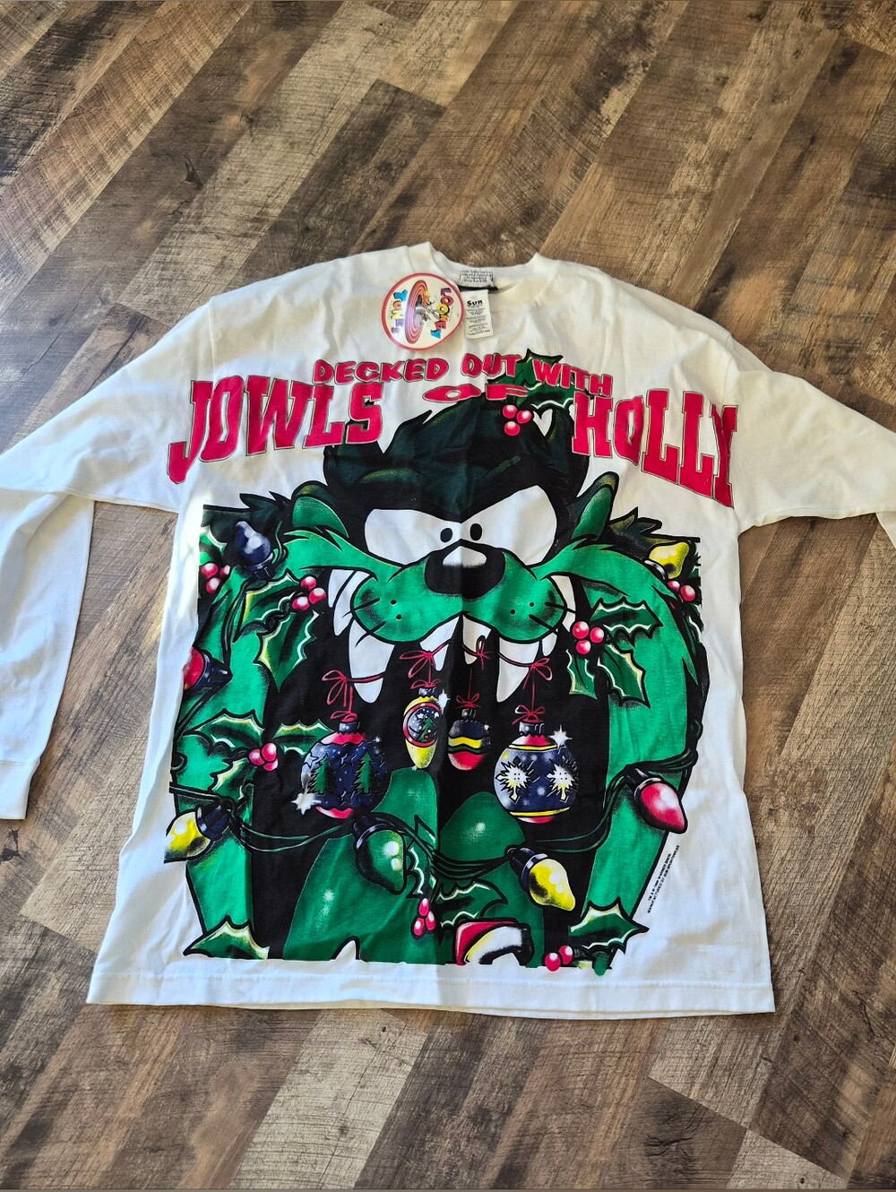 NWT Vintage Taz "Decked Out with Jowls of Holly" Holiday Tee - White & Green